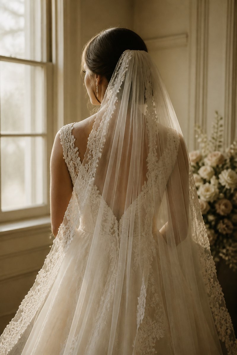 A bride in a lace gown and cathedral veil by a sunlit window