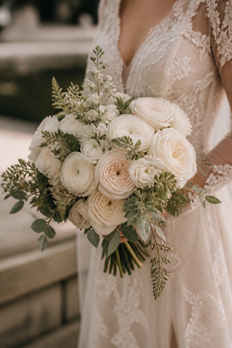 A bride holding a bouquet of white garden roses