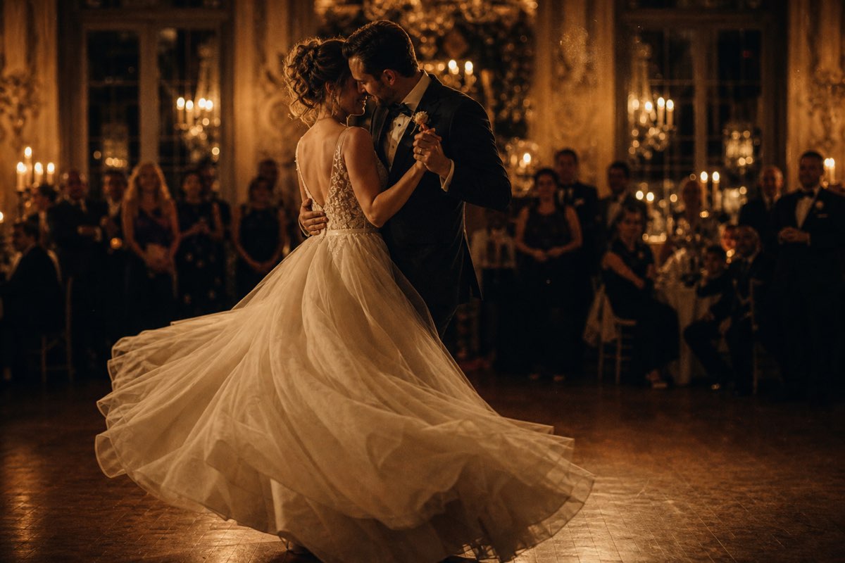 A couple sharing their first dance in a candlelit ballroom