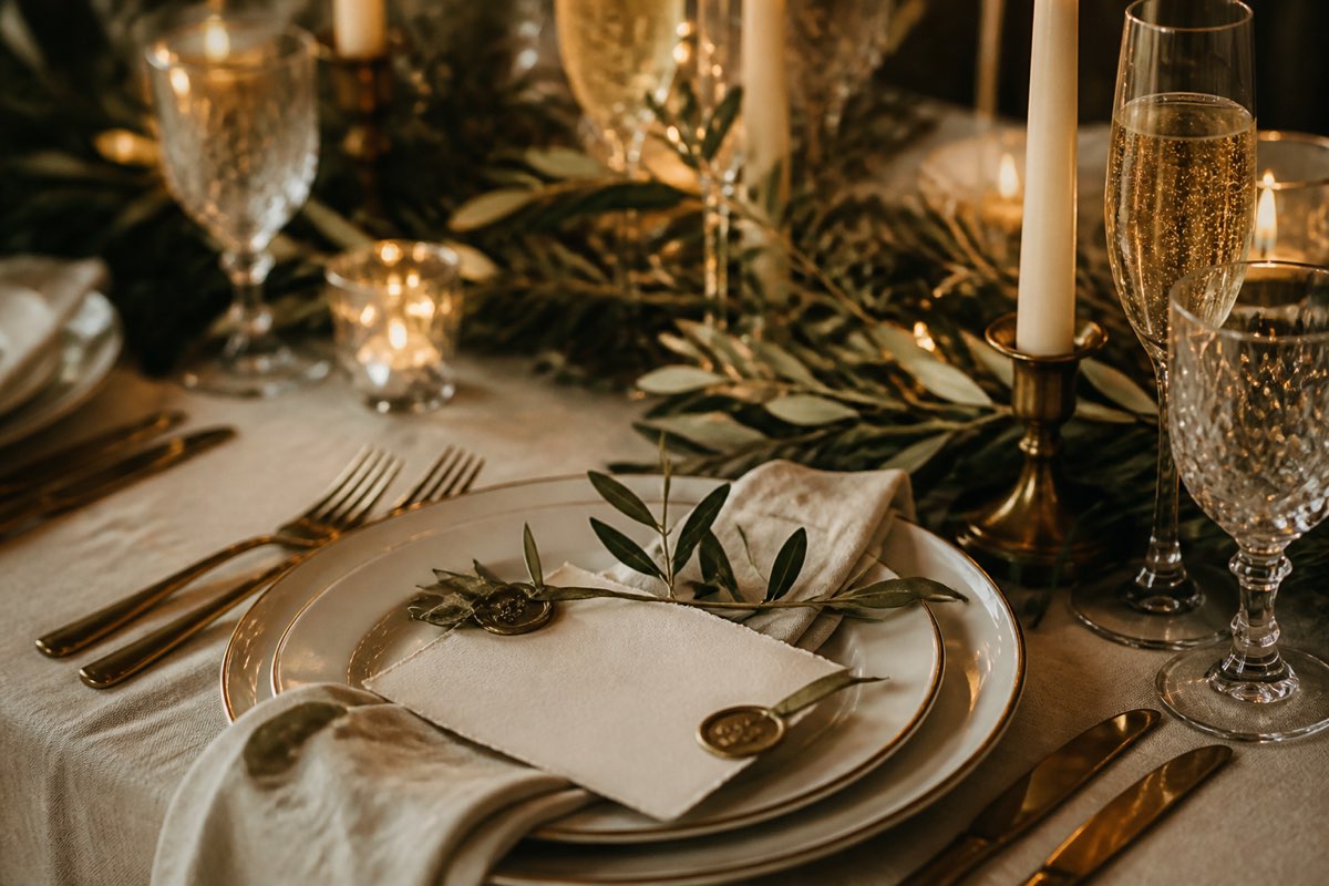 An elegant wedding place setting with candles and olive branches